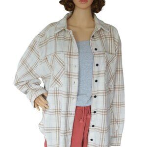 143 Story Cream Beige Plaid Flannel Button Down Shirt Women's Large Fall Western